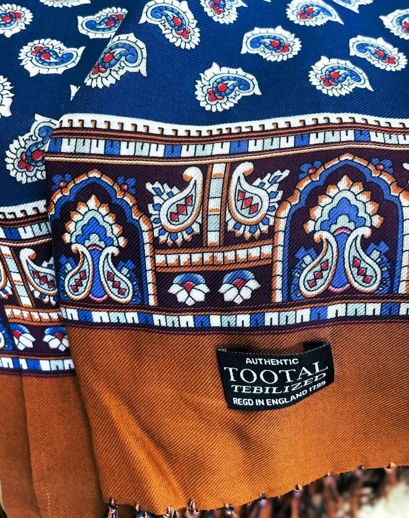 Tootal Navy Paisley with Gold Border Rayon Scarf with Fringe