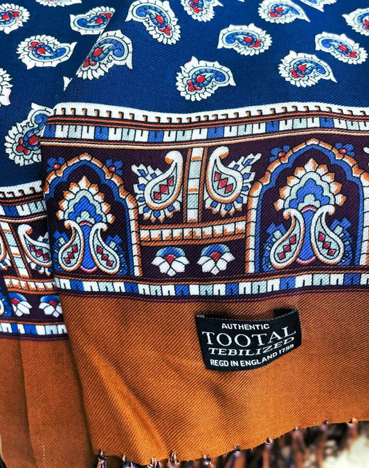 Tootal Navy Paisley with Gold Border Rayon Scarf with Fringe