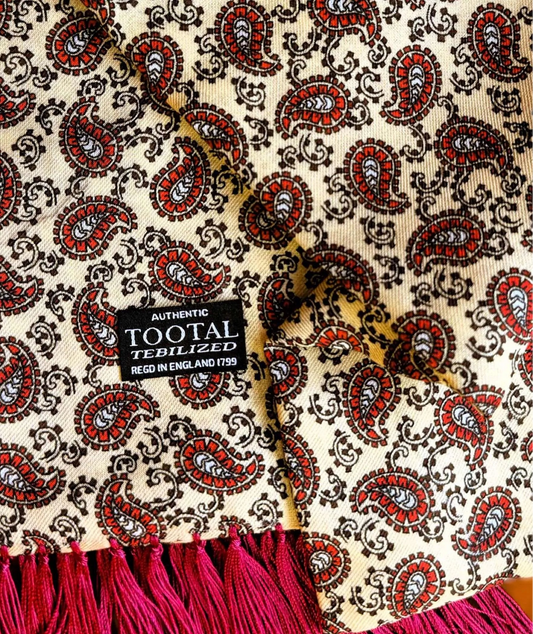 Tootal Red Paisley on Cream Rayon Scarf with Red Fringe