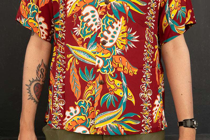 Sun Surf Hawaiian Shirt “Birds of Paradise Monstera” Brown