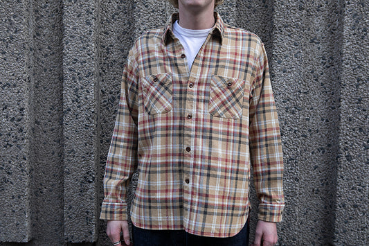 Sugar Cane L/S Twill Check Flannel Shirt - Beige