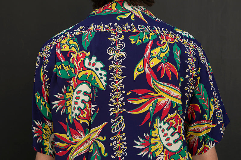 Sun Surf Hawaiian Shirt “Birds of Paradise Monstera” Navy