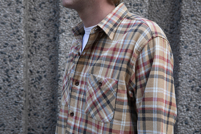 Sugar Cane L/S Twill Check Flannel Shirt - Beige